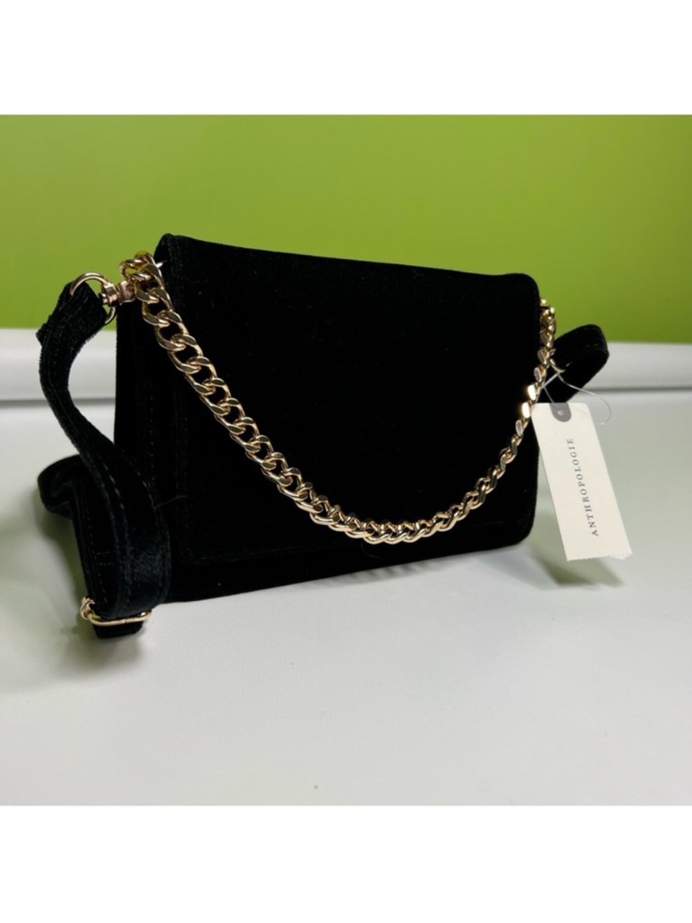 Anthropologie black velvet mini purse gold tone chain NWT - Picture 3 of 10